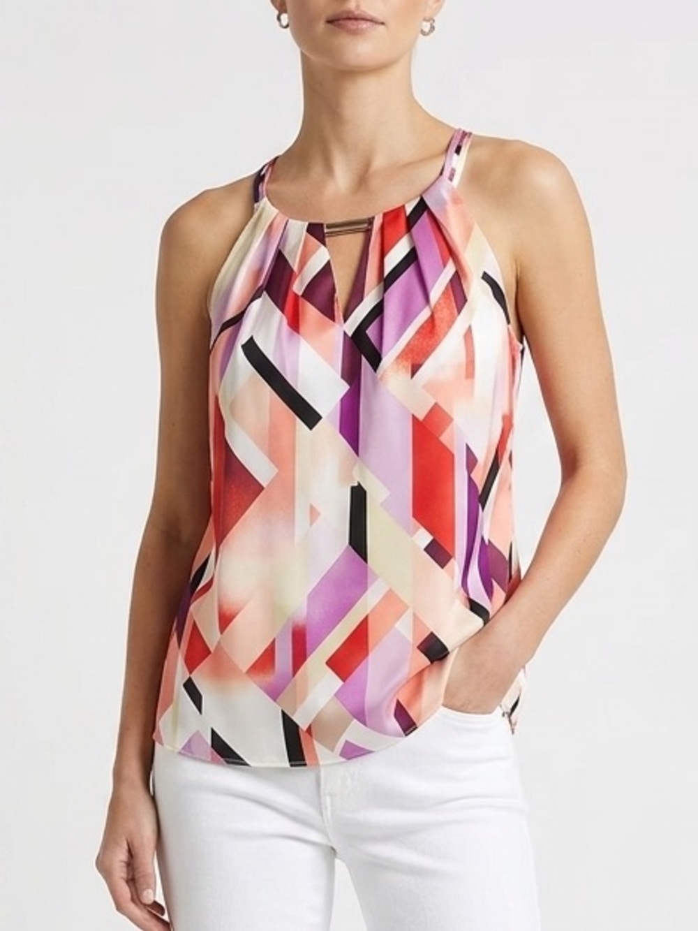 WHBM Lilac Coral Scarf Print Stretch Silk Tank Top Size 4P EUC $84